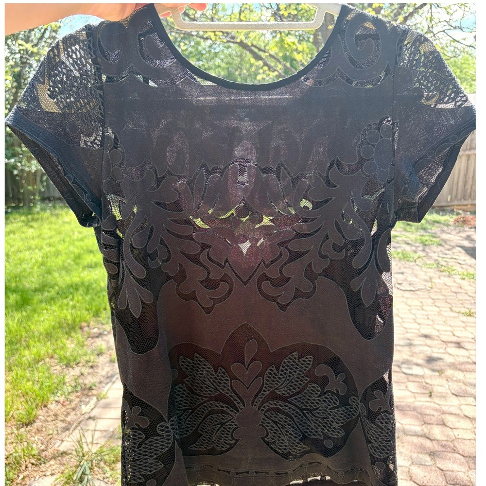 Vintage Whimsigoth Black Sheer Lace Laser Cutout‎ Top Gothic Filigree XS